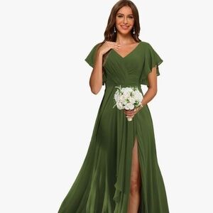 RSOETOO Women's Flutter Sleeves Bridesmaid Dresses 2025 with Slit Chiffon V Neck